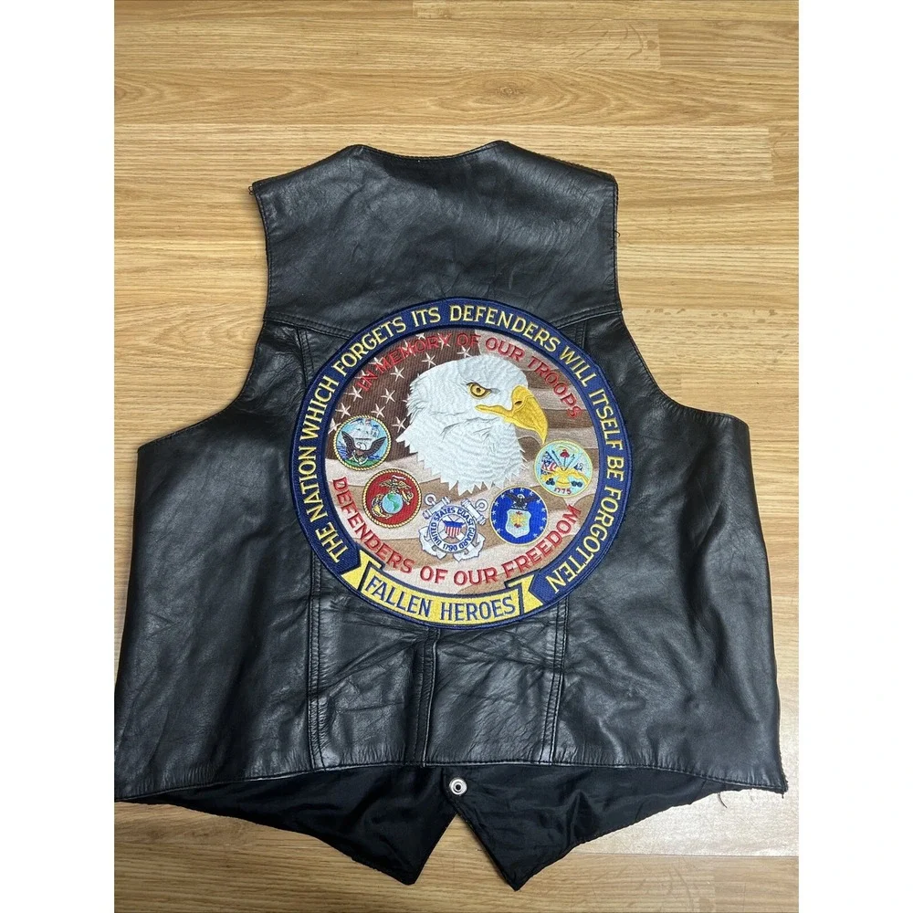Unik Black Leather Vest‎ Men's Medium With Fallen Heroes Patch